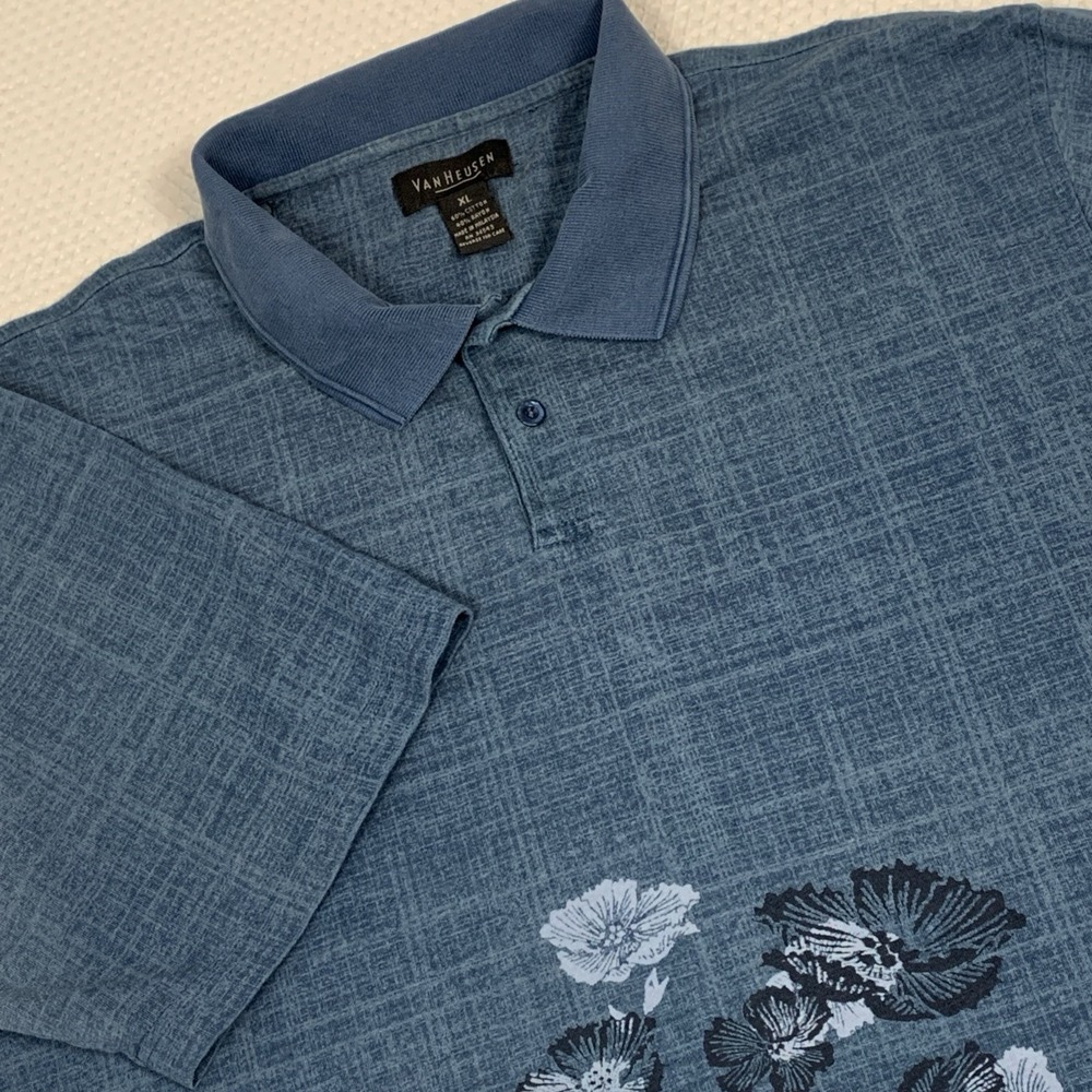 Van Heusen Men XL Polo Shirt Blue Hawaiian Print Short Sleeve Cotton Blend